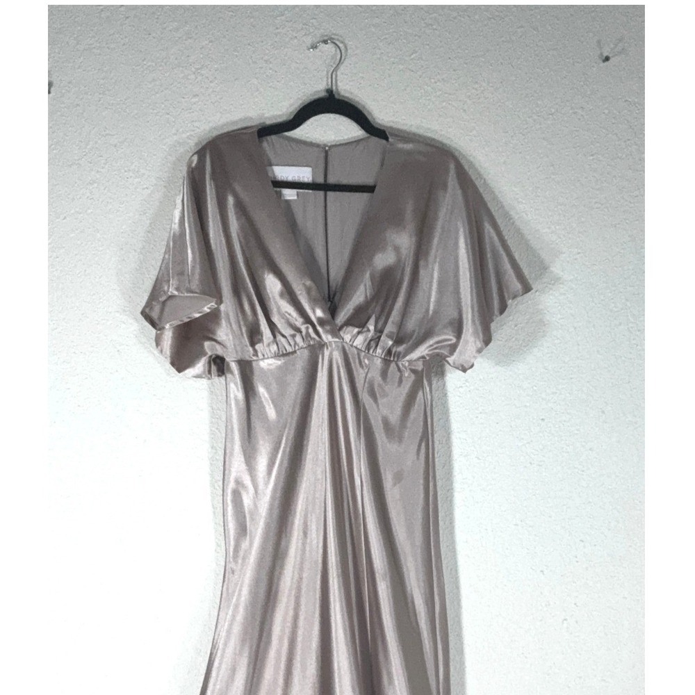 Birdie Grey Champagne Satin Maxi Dress - M - Flutter Sleeve V-Neck Formal Dress